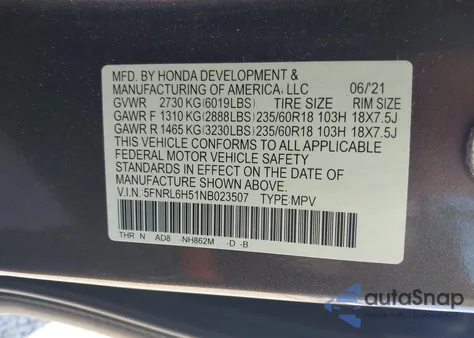 2022 Honda Odyssey Ex z USA, uszkodzony, nr VIN 5FNRL6H51NB023507